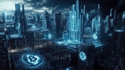 Futuristic cityscape with glowing Bitcoin symbols integrated into architecture.
