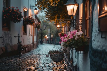 Charming cobblestone street with vintage lanterns and colorful flower baskets at twilight.