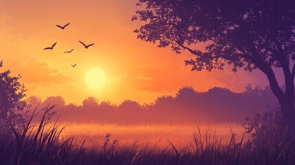 Obraz premium 23.Autumn sunrise over a tranquil meadow, birds silhouetted in flight against a soft orange and purple sky; the peacefulness of the scene evokes a sense of quiet spiritual contemplation.