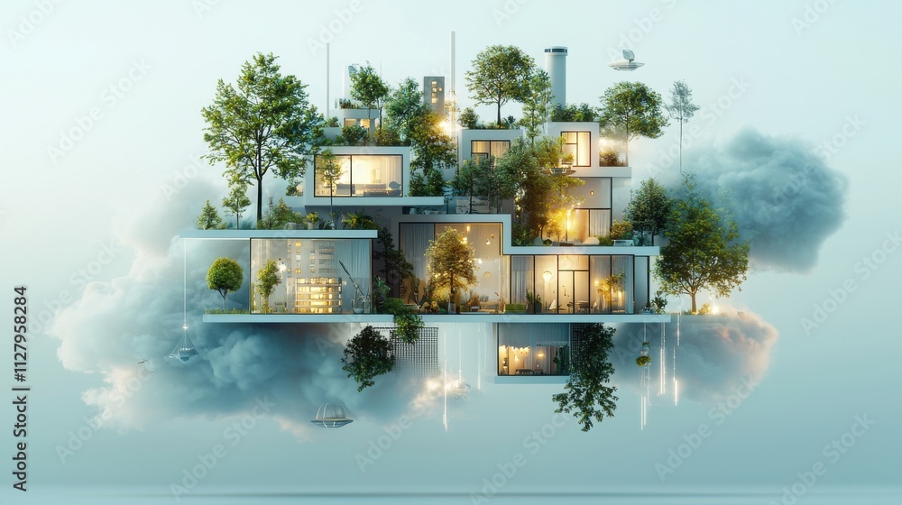 Aufkleber floating utopian architecture encased in glowing azure gigapixel overlooking a futuristic cityscape 