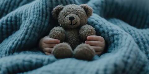 A cozy scene depicting a child gently hugging a fluffy teddy bear while wrapped in a soft blue blanket, symbolizing comfort, affection, and childhood innocence.