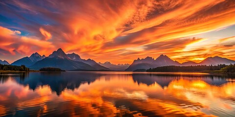 Serene Sunset Over Mountain Lake Reflecting Fiery Sky
