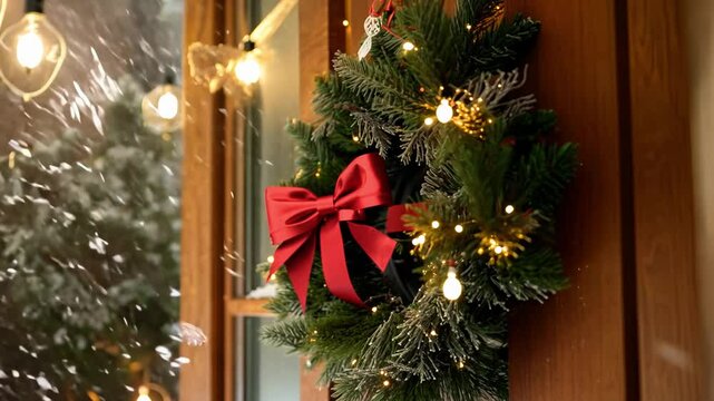A close-up video of a holiday wreath on a door, decorated with red bows, pinecones, and twinking fairy lights with snowflakes adding a serene touch