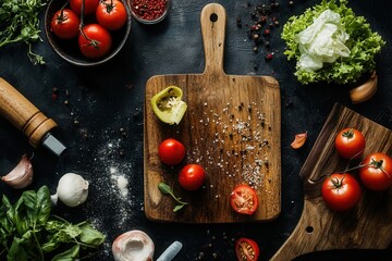Overhead shot of rustic wooden cutting board with tomatoes, peppers, garlic, herbs, and spices on dark background.