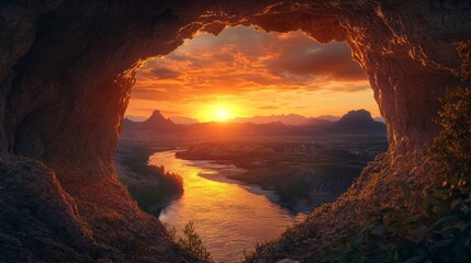 33.A natural heart-shaped cave opening looking out over a flowing river and distant mountains under a glowing sunset, with soft golden light illuminating the cave walls, symbolizing peace and beauty
