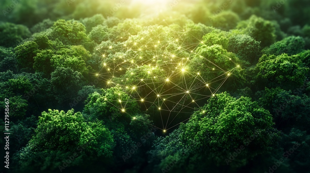 Poster a dense lush rainforest scene with an array of smart environmental sensors connected by glowing netw
