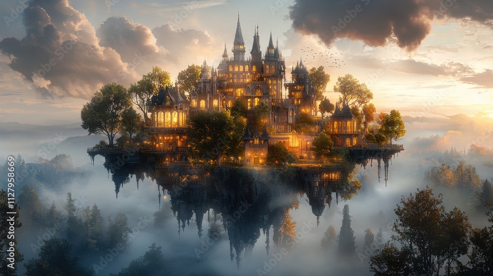 Poster floating multitiered island with cascading levels enchanting fantasy landscape dreamlike scene ether