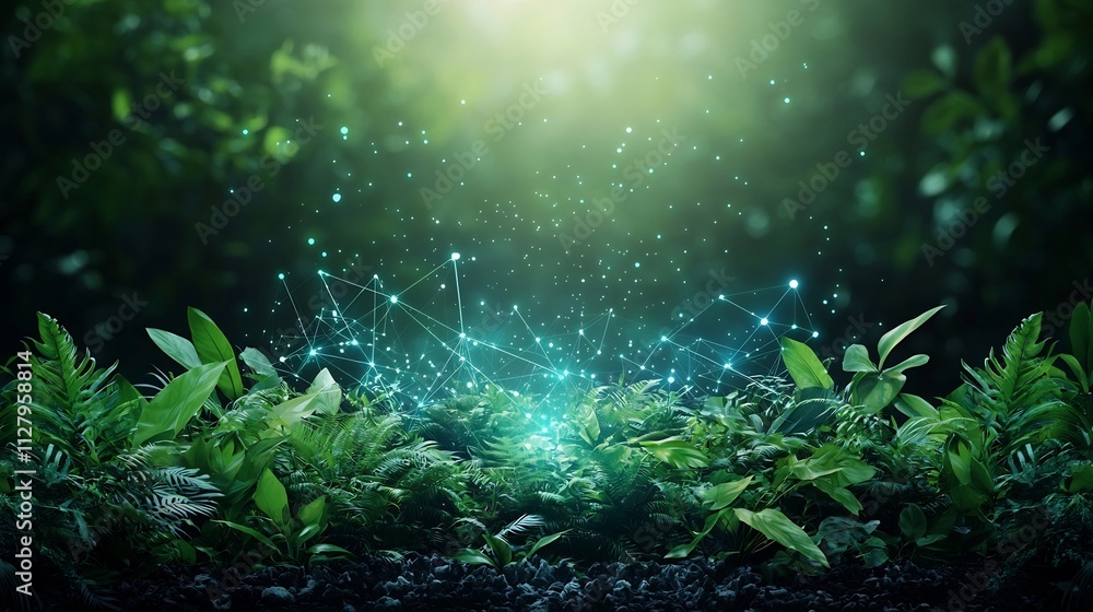 Aufkleber a dense lush rainforest canopy with a network of smart environmental sensors connected by glowing di