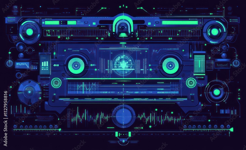 Poster Futuristic neon interface with digital audio visualizers and controls.