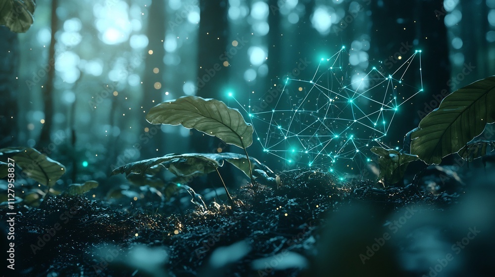 Poster aerial view of a dense rainforest canopy with a network of smart environmental sensors connected by 