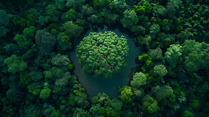 Aerial View of Lush Green Forest and Circular Tree Formation