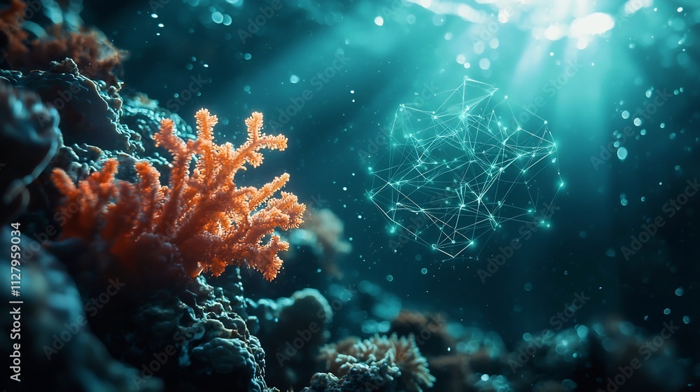 Poster holographic visualization of a coral reef underwater with network lines representing the biodiversit