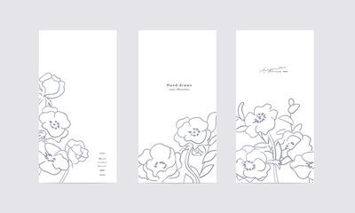 ガーベラのシンプルイラスト。ガーベラの手書きベクターイラスト。シンプルなおしゃれポストカードテンプレートセット。Simple illustration of gerbera. Hand drawn vector illustration of gerbera. Simple stylish postcard template set.