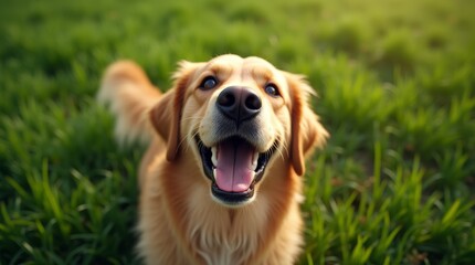 Happy golden retriever dog smiling and looking directly at the camera with a joyful expression