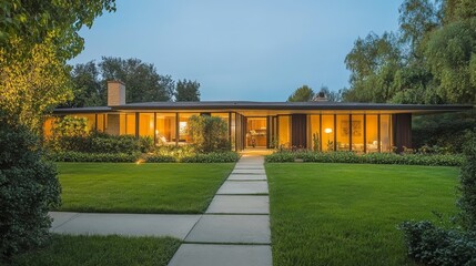 44.Charming exterior view of a modern house with a lush green lawn, large windows, and a welcoming front pathway; the scene is set in the early evening with soft natural lighting, perfect for real