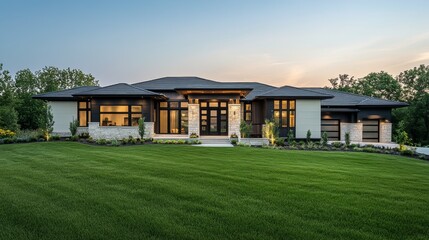 45.Modern suburban house with clean architectural lines, large front lawn, and well-maintained landscaping; bright green grass adds vibrancy to the property, showcasing its curb appeal and inviting