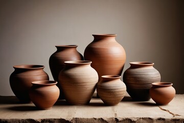 arafed vases sitting on a table with a wall in the background
