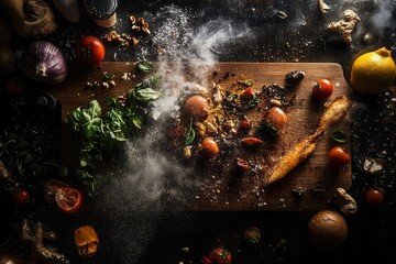 Smoky overhead shot of gourmet food on wooden board with scattered ingredients.