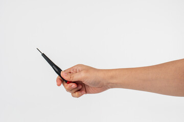 Hand and screwdriver tools on white background