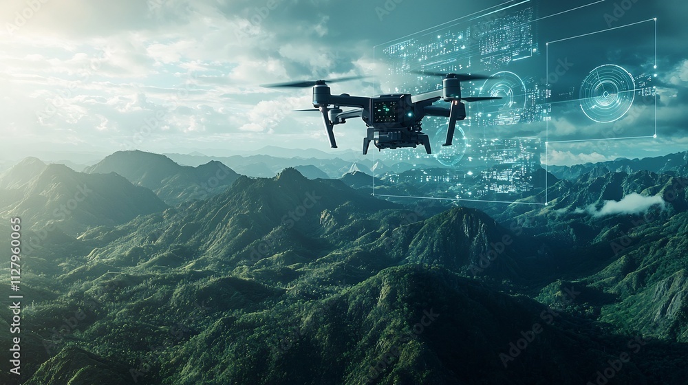 Poster interconnected drone ecosystem monitoring mountainous terrain with holographic network visualization