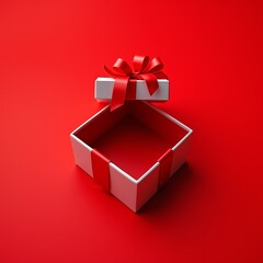 Open white gift box with a red satin ribbon and bow