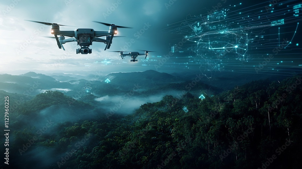 Poster a photograph showcasing a futuristic mountainous ecosystem with interconnected drones and monitoring