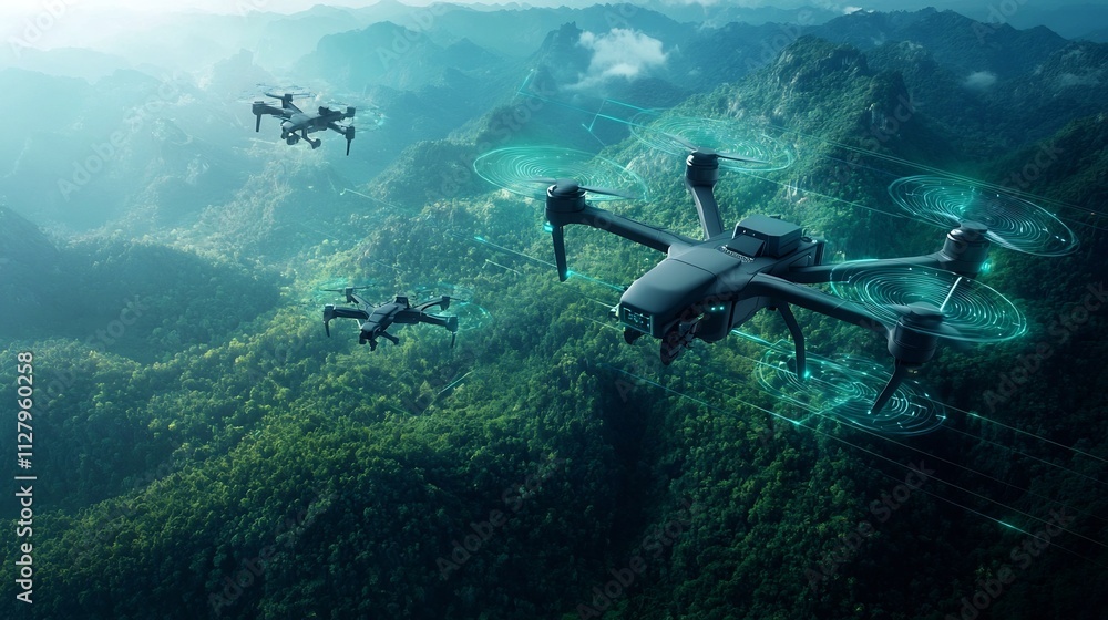 Poster aerial view of a mountainous ecosystem with an interconnected network of drones and remote monitorin