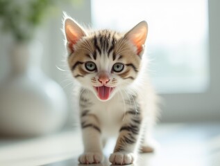 Naklejka premium Playful kitten with a curious expression and walking towards the camera