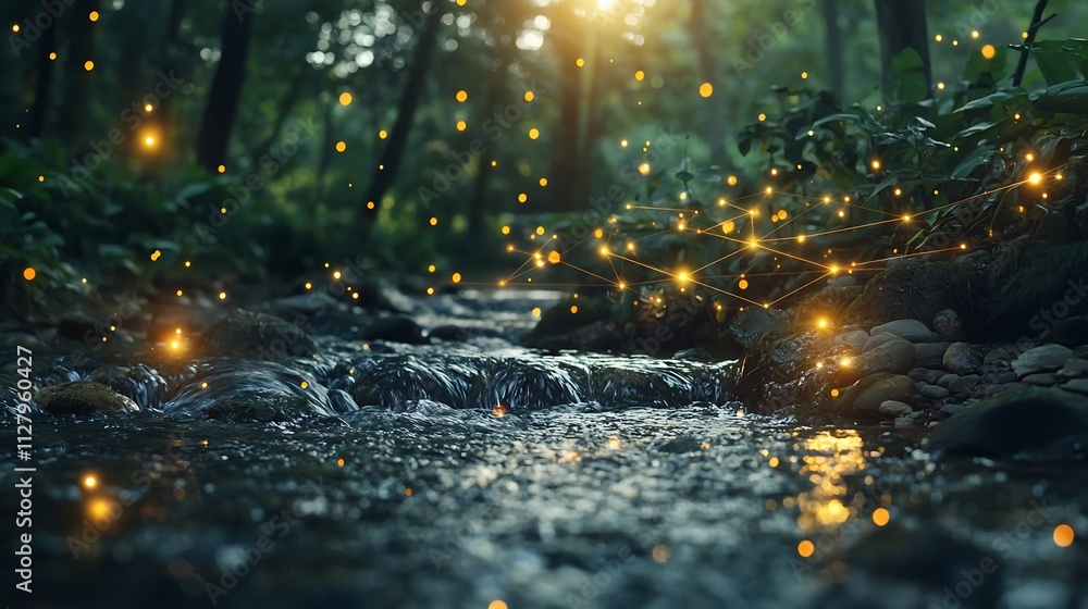 Poster a photograph of a river flowing through a lush forest featuring water sensors and glowing network li