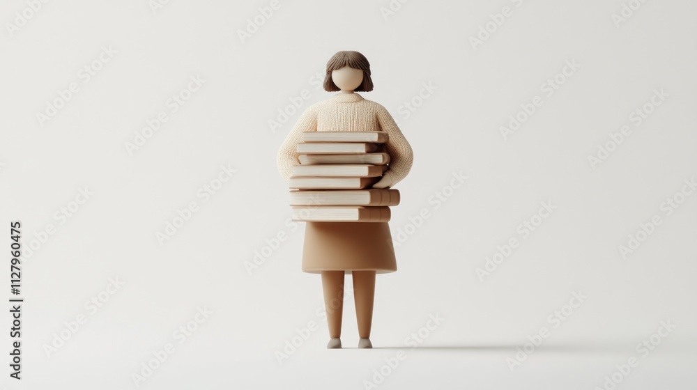Poster 3d render of a girl carrying a stack of books.