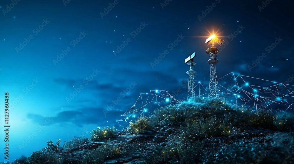 Poster futuristic image of a desert ecosystem with solar powered environmental monitoring stations connecte