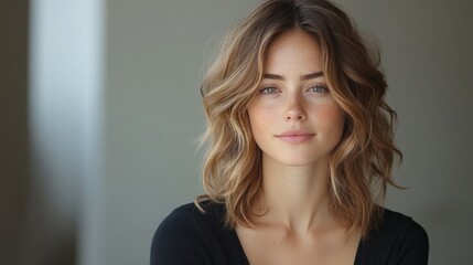 Naklejka premium Smiling Middle-Aged Woman Beauty Image Indoor Portrait with Natural Light in Scandinavian Style