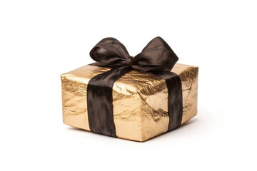 A gift box wrapped in gold foil paper with a delicate ribbon. (Generative AI)