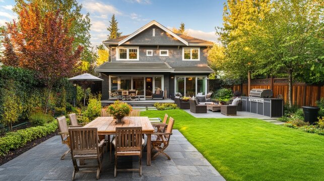 55.Backyard with outdoor seating and barbecue with family, beautiful house: