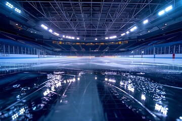 Fototapeta premium Empty Ice Hockey Arena, Stadium, Rink, Lights, Wet Ice Surface