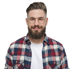 Obraz premium Glad ginger male with pleased expression, wears glasses and fashionable checkered shirt, rejoices successfully made project, poses alone against white background. People, emotions, lifestyle