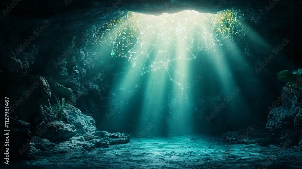 Poster underwater cave ecosystem with glowing data networks for monitoring biodiversity illuminated aquatic