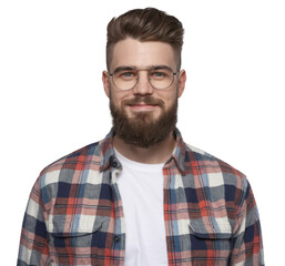 Obraz premium Glad ginger male with pleased expression, wears glasses and fashionable checkered shirt, rejoices successfully made project, poses alone against white background. People, emotions, lifestyle
