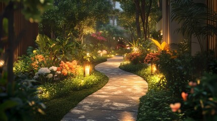 Obraz premium 64.Small garden pathway surrounded by vibrant flowering plants and leafy greenery, with the light gently illuminating the foliage; the walkway's design brings a touch of nature and elegance to the