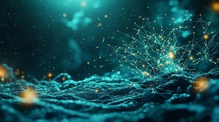 A photograph showcasing an underwater cave ecosystem illuminated with a glowing network of lines symbolizing data connections for monitoring biodiversity and environmental insights
