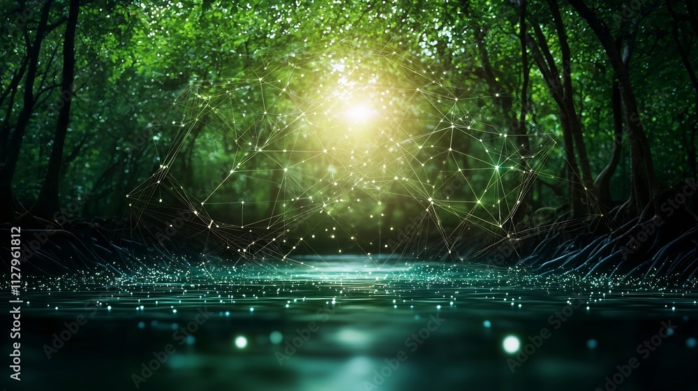 Poster mangrove forest ecosystem with environmental sensors and holographic network overlay a sustainable m