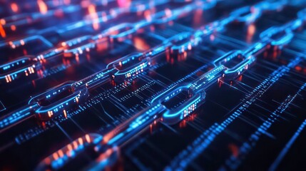 Abstract digital chains glowing in blue and orange hues, representing network, connection, and data security.