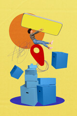 Composite trend artwork sketch image collage of delivery point location pile box hurry fast...