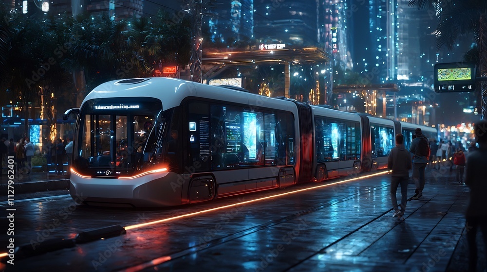 Poster photograph of an advanced smart city hub featuring digital kiosks self driving buses and holographic
