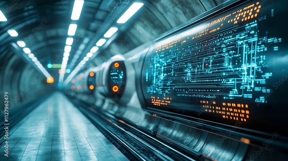 Poster sleek and futuristic transportation terminal with hyperloop pods and glowing network interface leavi