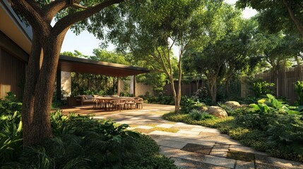 Fototapeta premium 79.Day view of luxurious modern house exterior with dining space and garden: