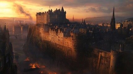 Naklejka premium Sunset illuminates ancient castle, city, burning boat.