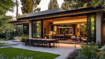 Fototapeta premium 80.A modern house exterior showcasing an open dining area with a view of the lush garden; sleek outdoor furniture and large glass doors create an inviting space that blends luxury and nature
