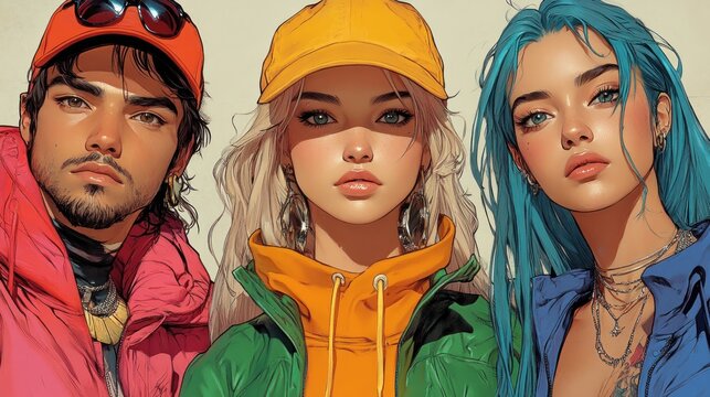 Casual Streetwear Characters in Pastel Colors with Playful Composition
