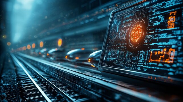 Futuristic transportation terminal with hyperloop pods a glowing network interface and copy space on the left  This image showcases a clean